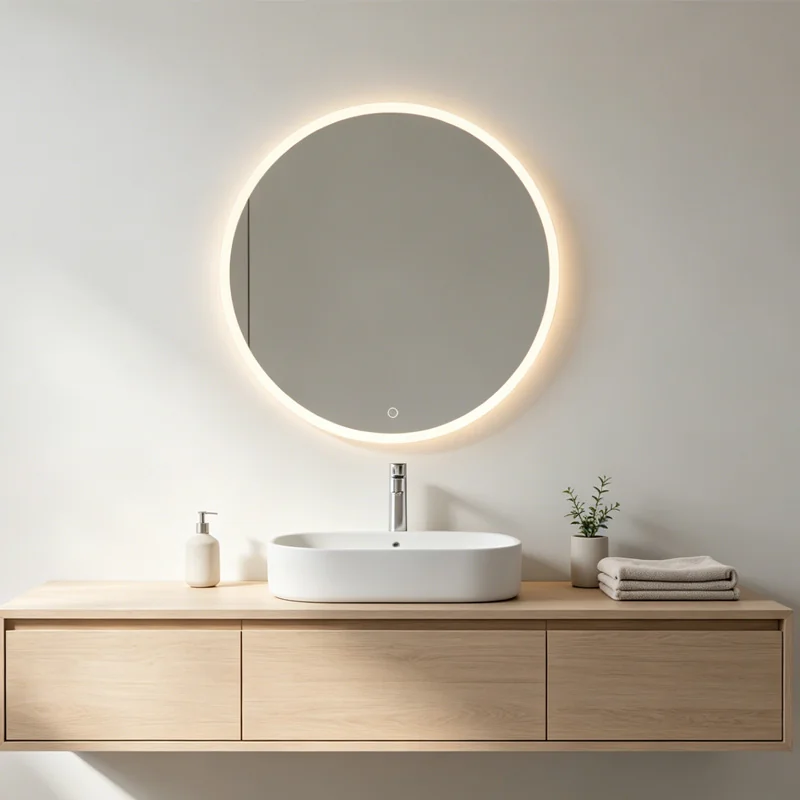 Smart bathroom mirror with touch lighting controls in a residential vanity setting.