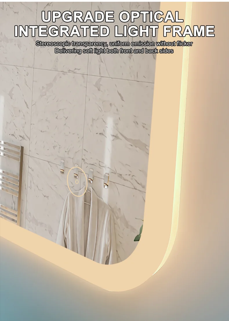 Frameless smart bathroom mirror with capacitive touch control panel for lighting adjustment.