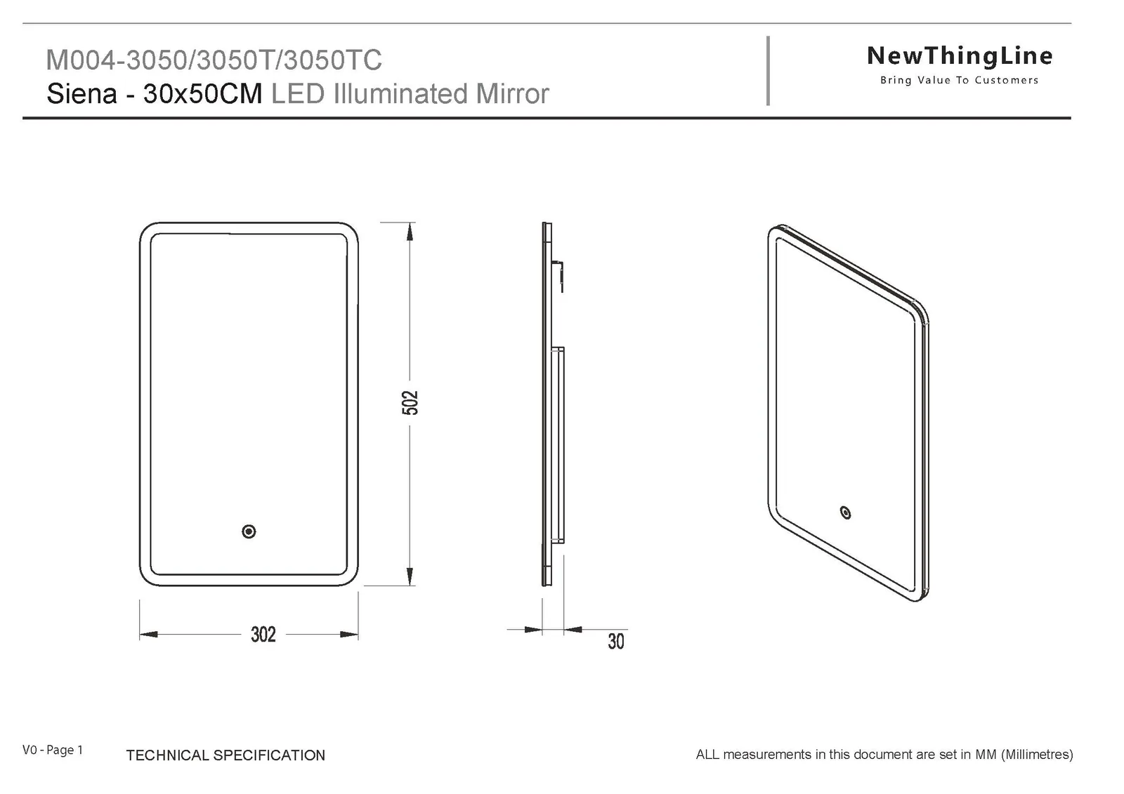 NewThingLine Siena LED Bathroom Mirror 30x50cm dimension drawing