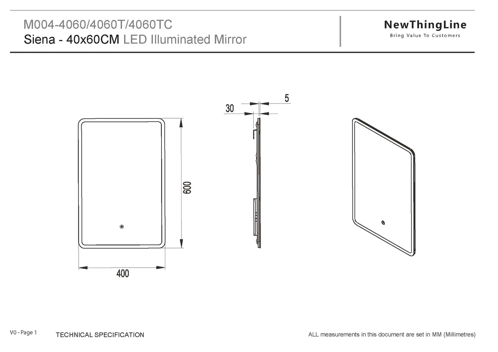 NewThingLine Siena LED Bathroom Mirror 40x60cm dimension drawing