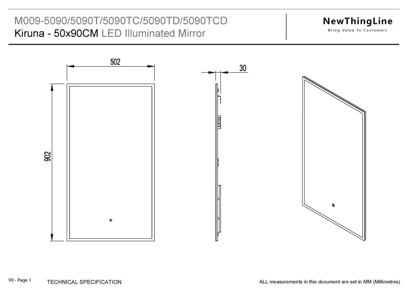 NewThingLine Kiruna LED Bathroom Mirror 50x90cm dimension drawing