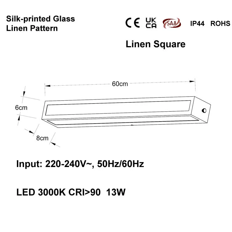 NewThingLine Linen Square Waterproof IP44 Bathroom Wall Lamp with Silkscreen Glass Shade dimension drawing