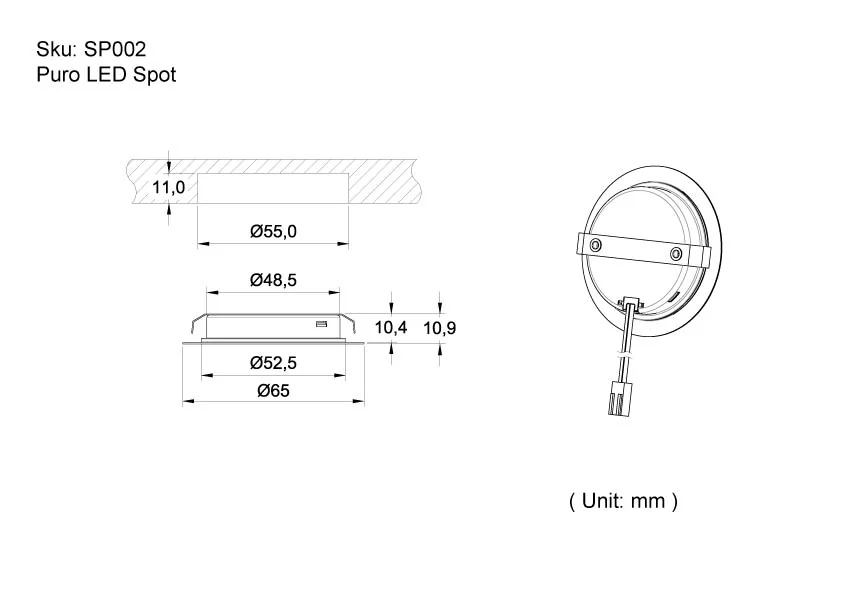 Puro Undercabinet Stainless Steel LED Spot dimension drawing