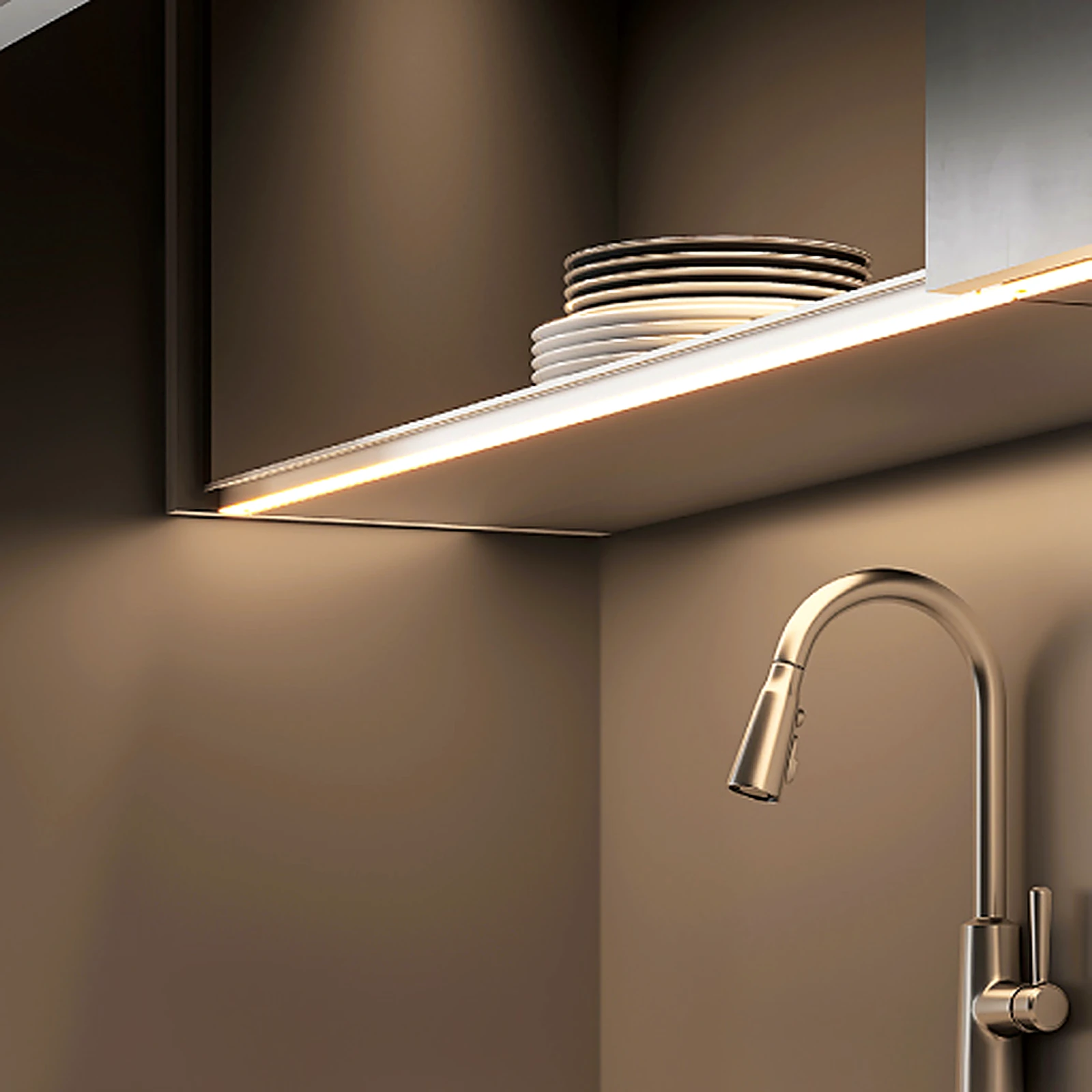 AuraEdge LA3716 handle-free LED aluminum profile warm undercabinet light on kitchen shelf application