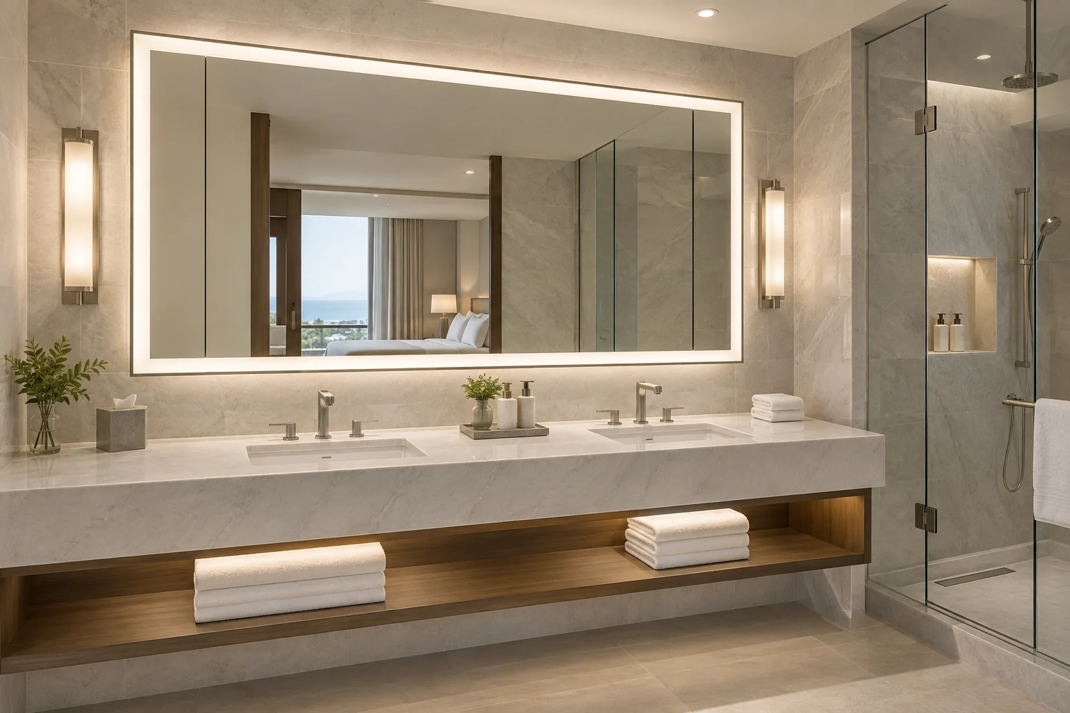 Hotel illuminated mirror cabinet for double vanity
