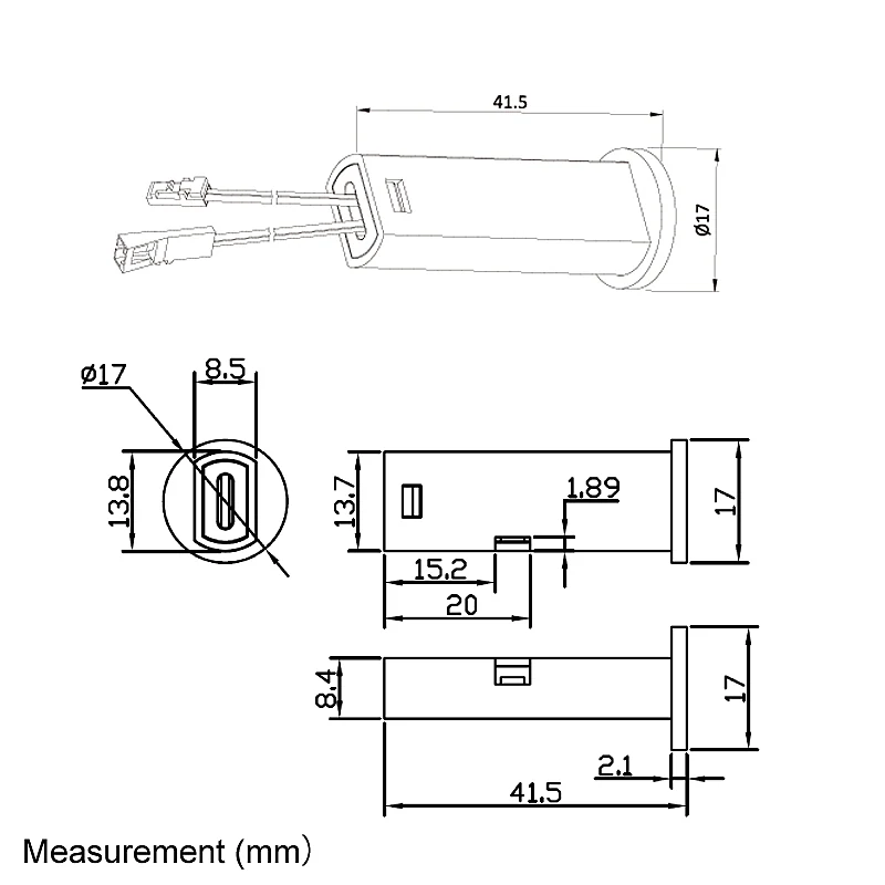 IR001W IR Sensor Switch dimension drawing with 15 mm flange and body length measurements