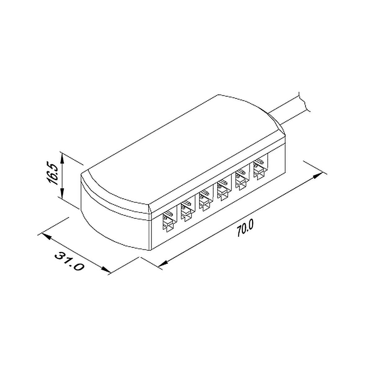 Dimension drawing of L803-6 six-way distributor showing 70 × 31 × 16.5 mm housing