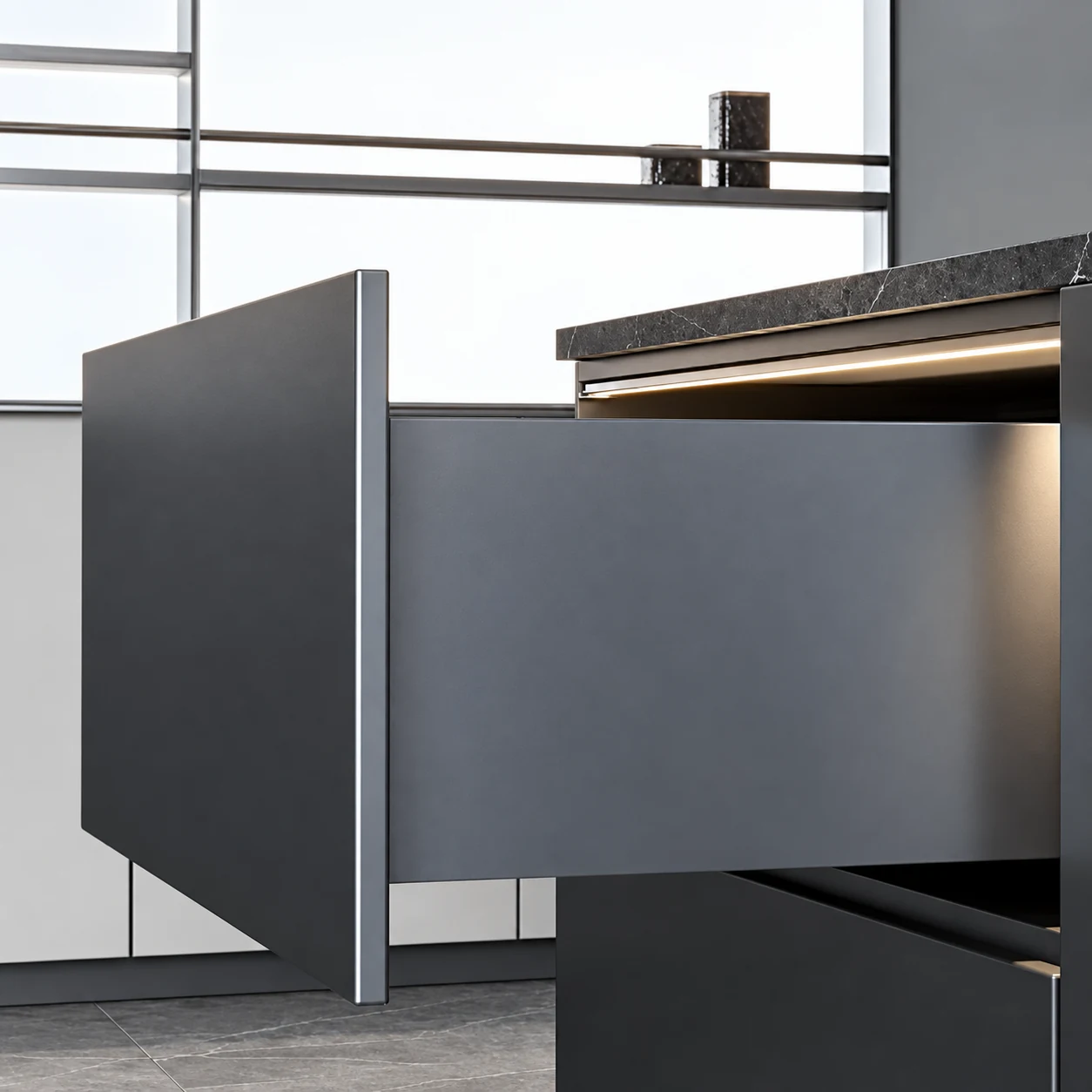LumiFrost automatic drawer LED light bar in a contemporary kitchen cabinet