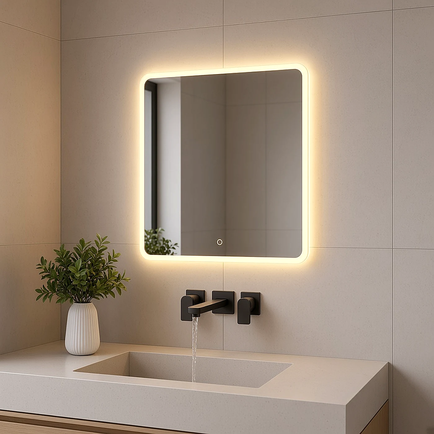 Melbourne LED bathroom mirror Nordic vanity scene with warm perimeter light and faucet