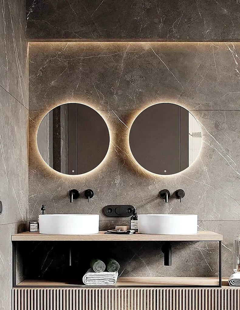 Corona round mirror slim side detail with backlit LED construction