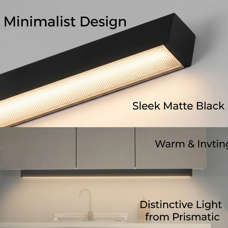Close-up of black aluminum linear pendant with prismatic diffuser