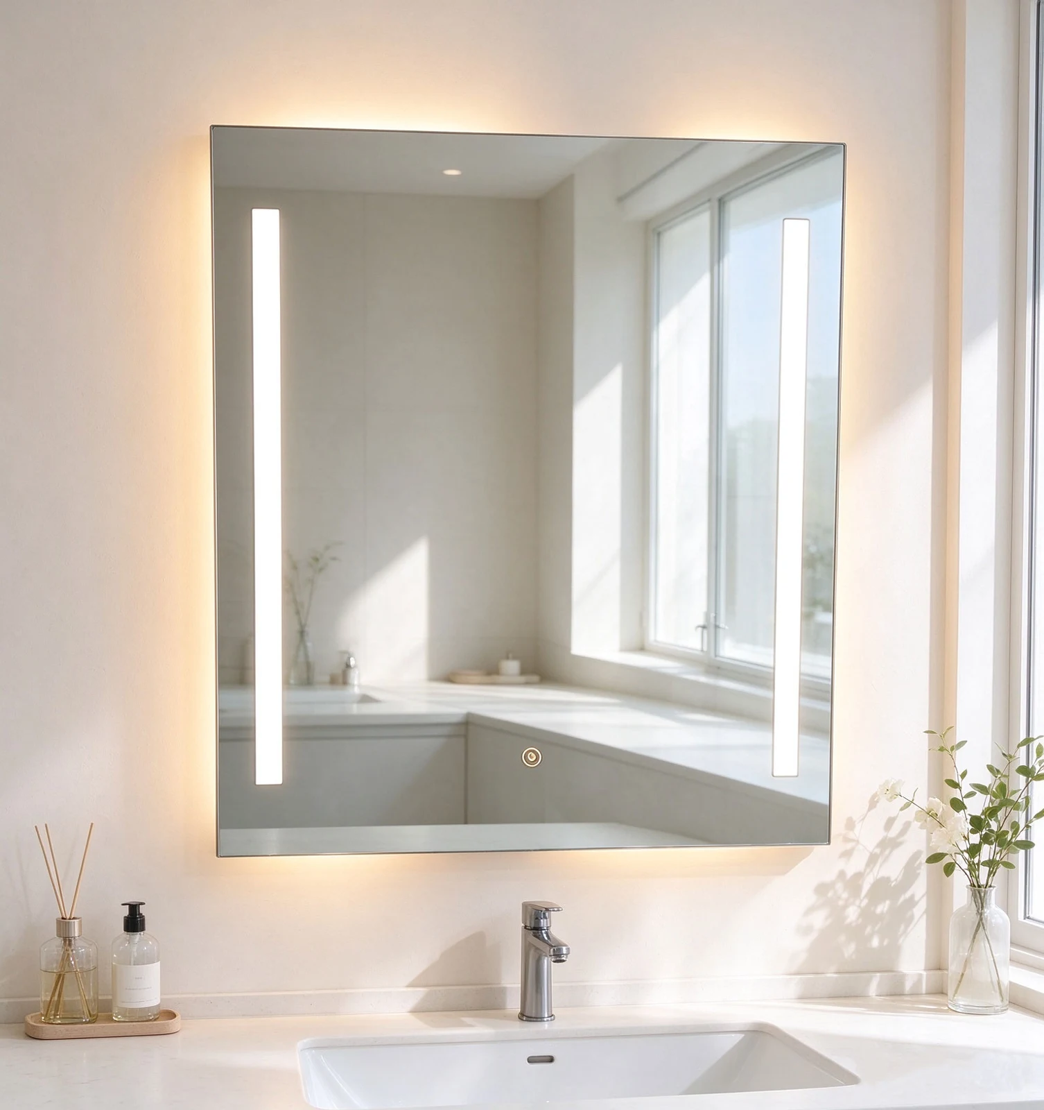 Glimma illuminated mirror installed above a contemporary bathroom basin