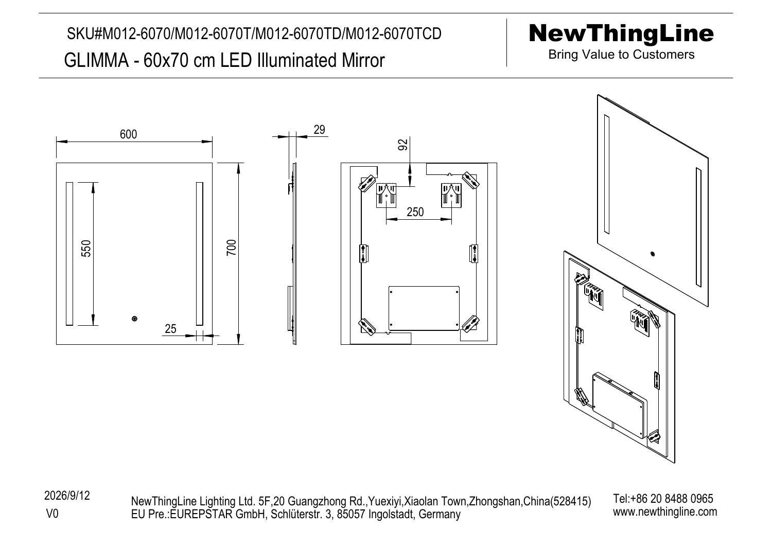 Glimma 600 × 700 × 29 mm technical drawing, V0