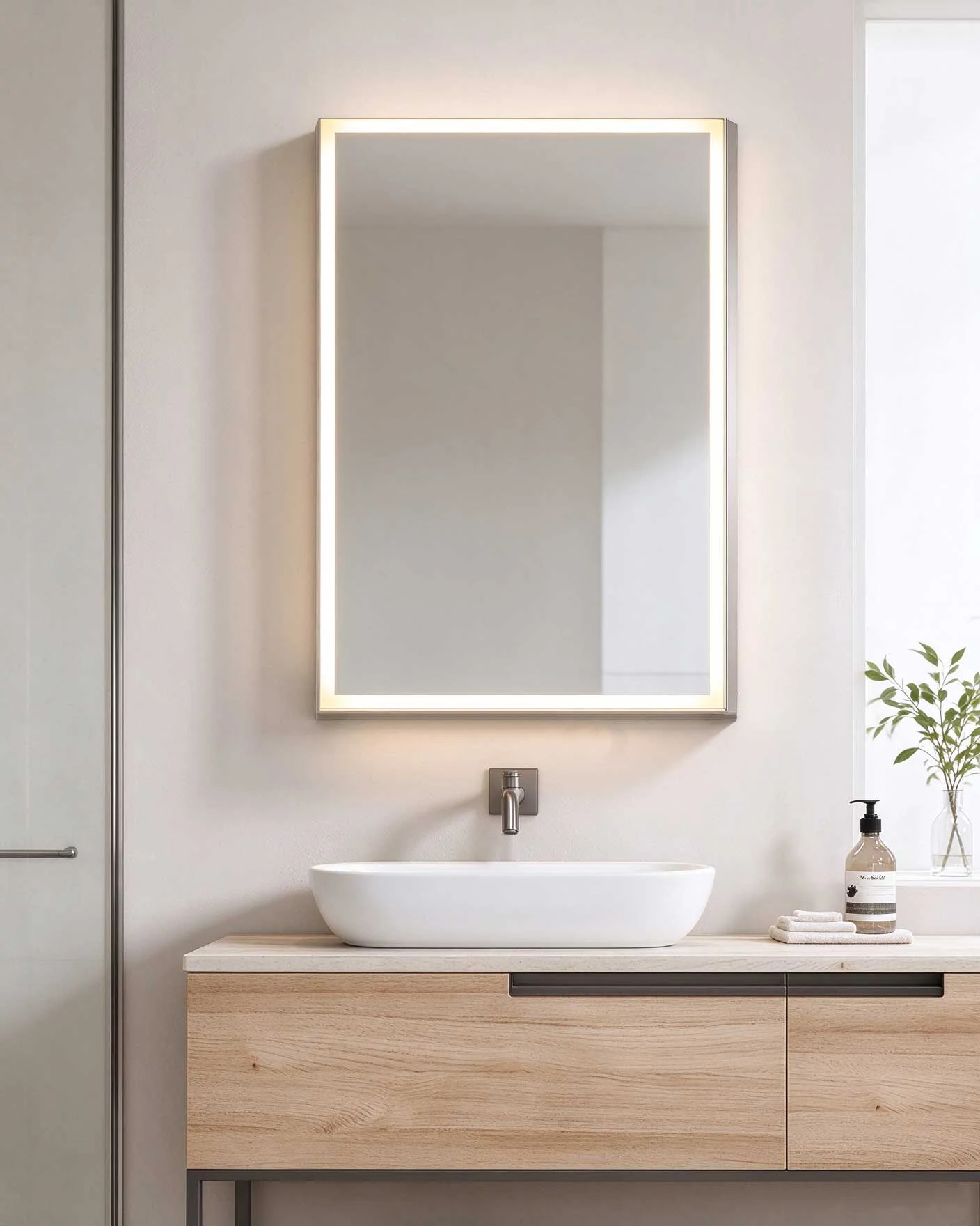 Front view of Lumora single-door LED mirror cabinet
