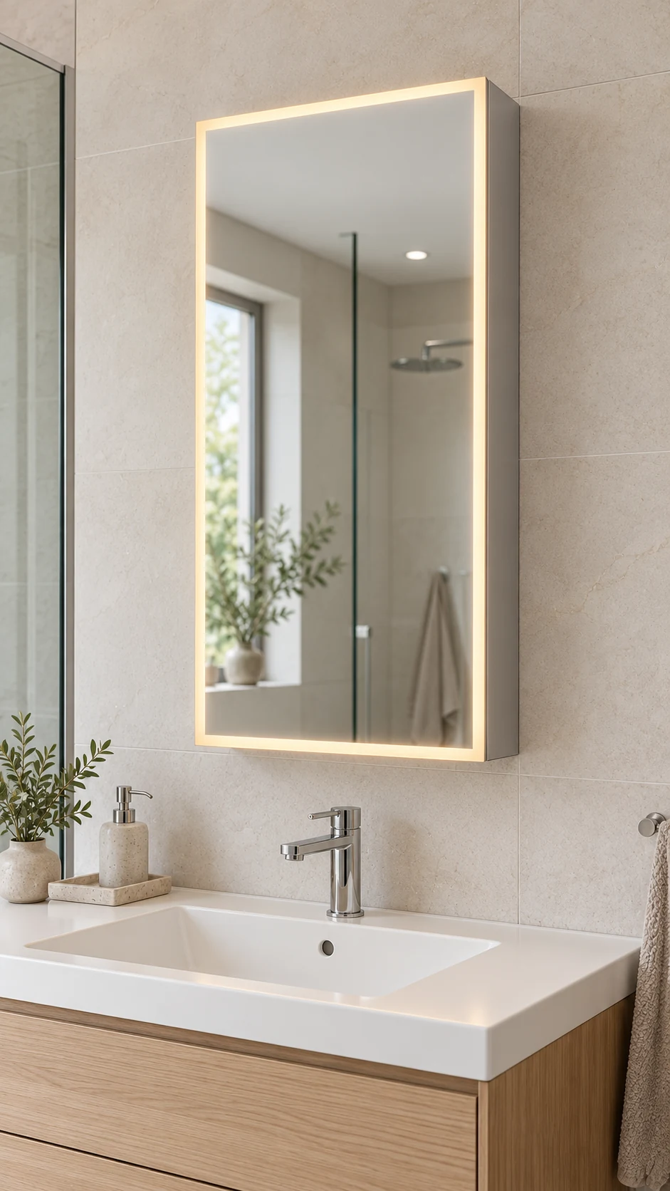 Lumora 400 mm single-door LED mirror cabinet in a bathroom setting