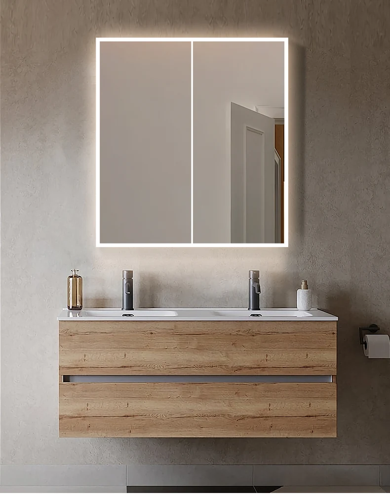 Lumora 800 mm double-door LED mirror cabinet above a vanity