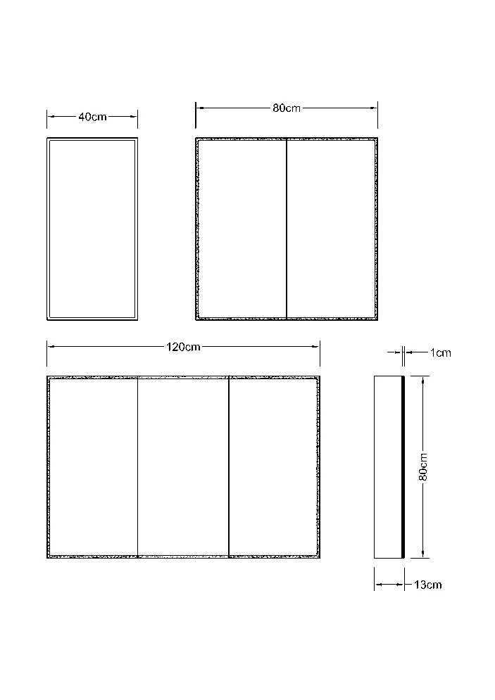 Lumora MC001 dimension drawing showing single, double and triple-door layouts with 400, 800 and 1200 mm widths
