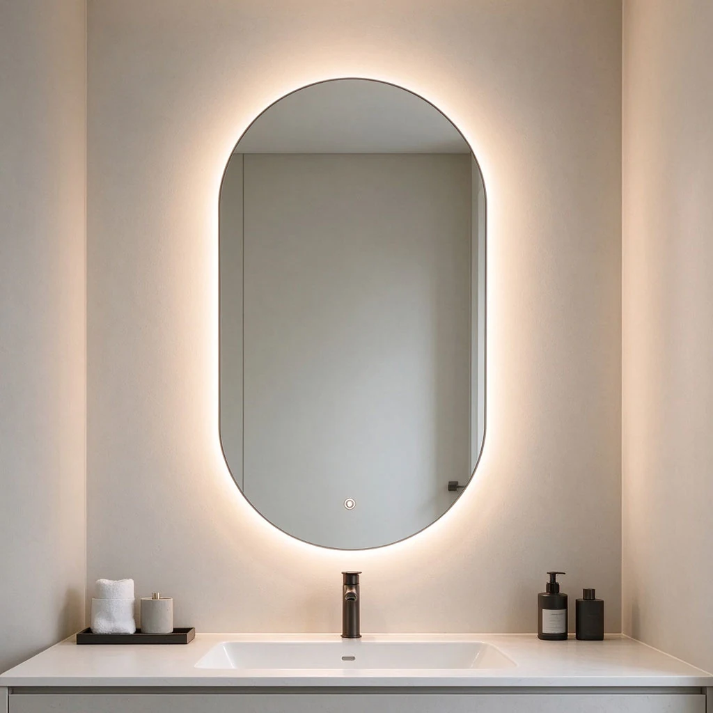 Malmo 50x90cm oval backlit LED bathroom mirror with a soft wall glow above a bathroom basin — 50 × 90 cm series reference; not the selected 40 × 90 cm size