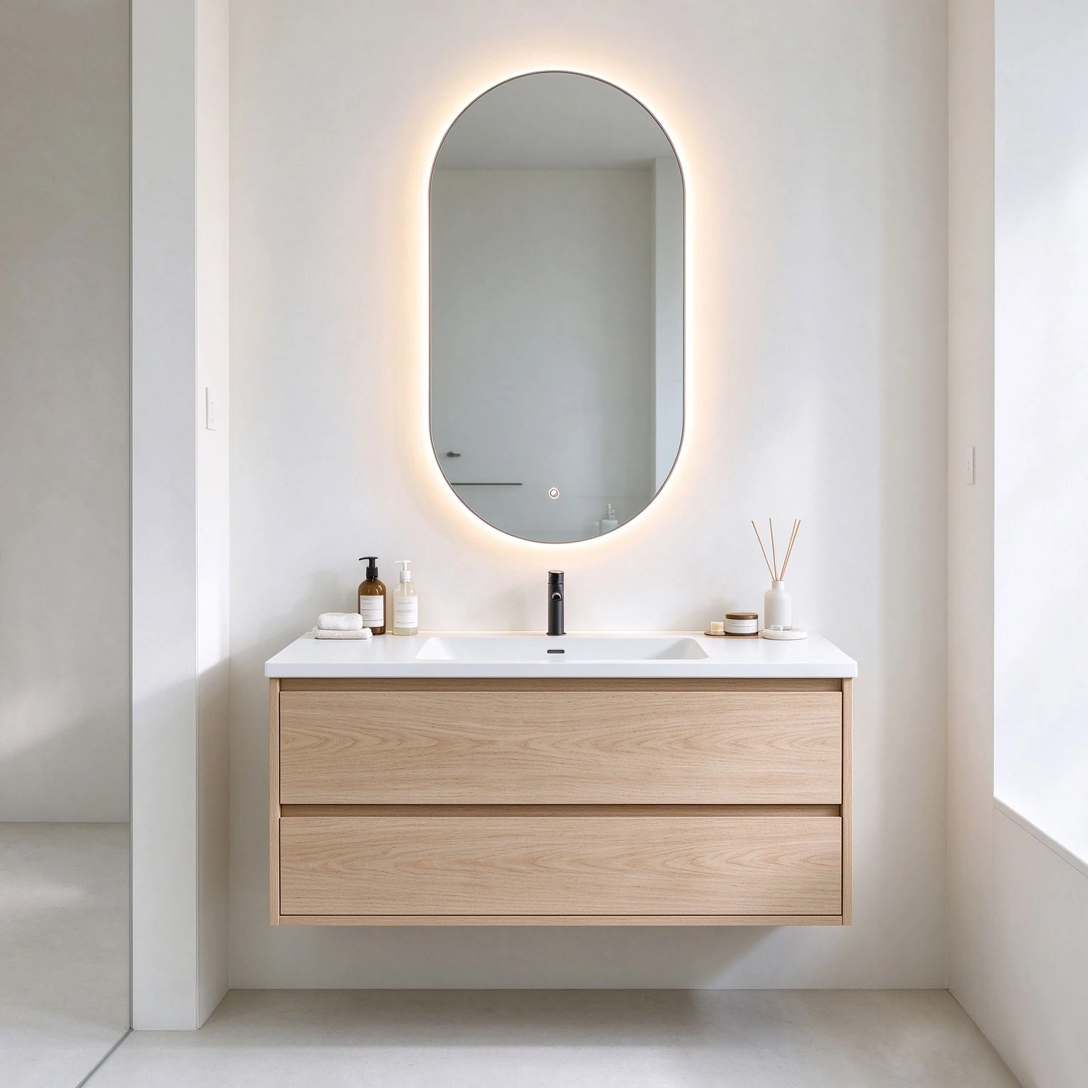 Malmo 50x90cm oval backlit LED bathroom mirror above a wall mounted wood vanity — 50 × 90 cm series reference; not the selected 40 × 90 cm size