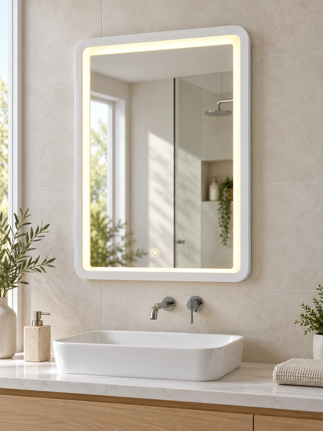 Illuminated Oslo Mirror with a white PU piano-painted wood frame above a countertop basin.