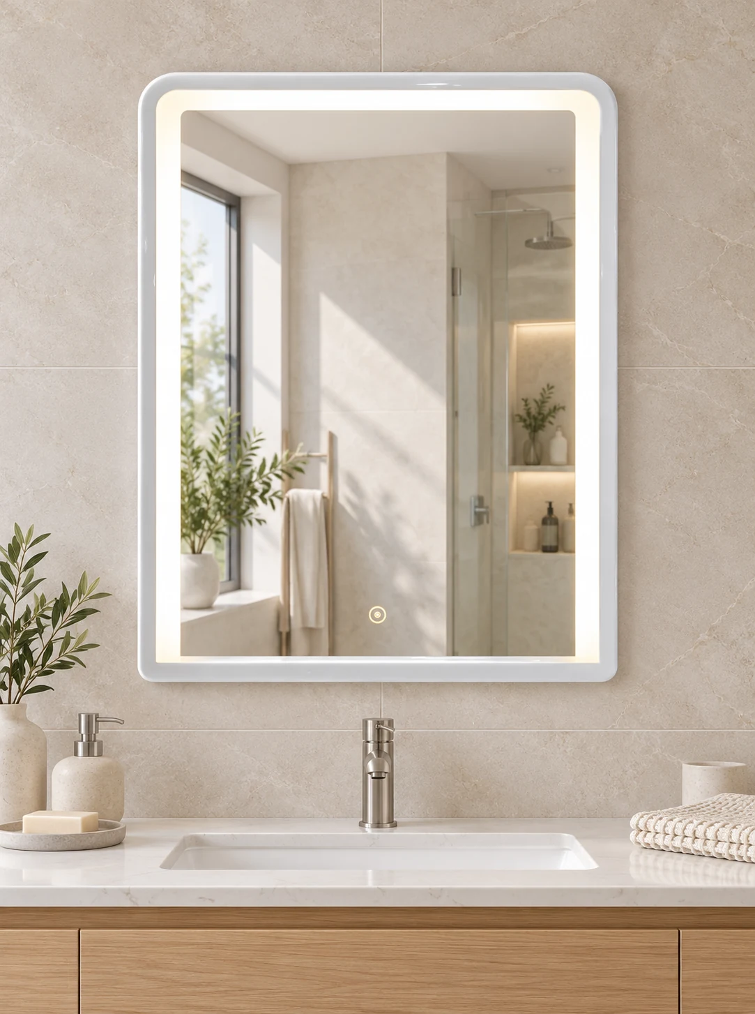 Oslo Mirror with a white wood frame above a bathroom vanity in a light stone interior.