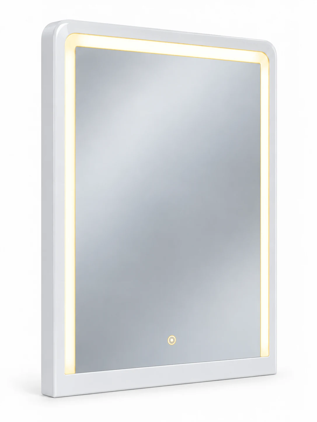 Angled view of Oslo Mirror showing the white PU piano-painted wood frame and illuminated border.