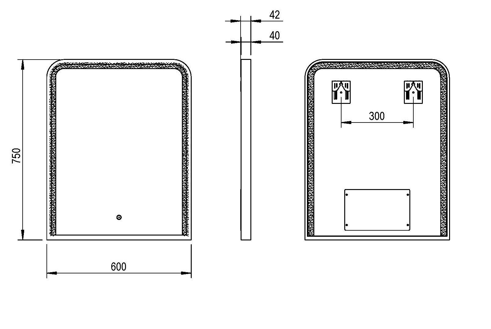 Oslo M014-6075T drawing showing 600 mm width, 750 mm height, 42 mm overall depth and 300 mm mounting centres.