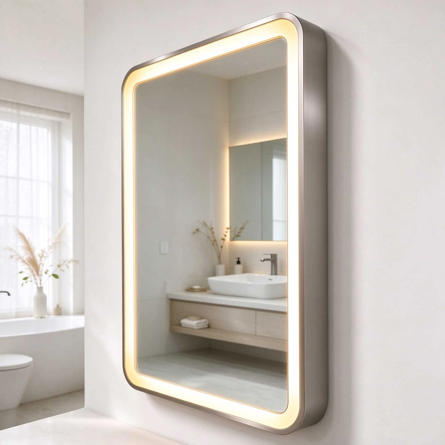 Siena Plus LED mirror at an angle with a bathroom vanity reflected in the glass