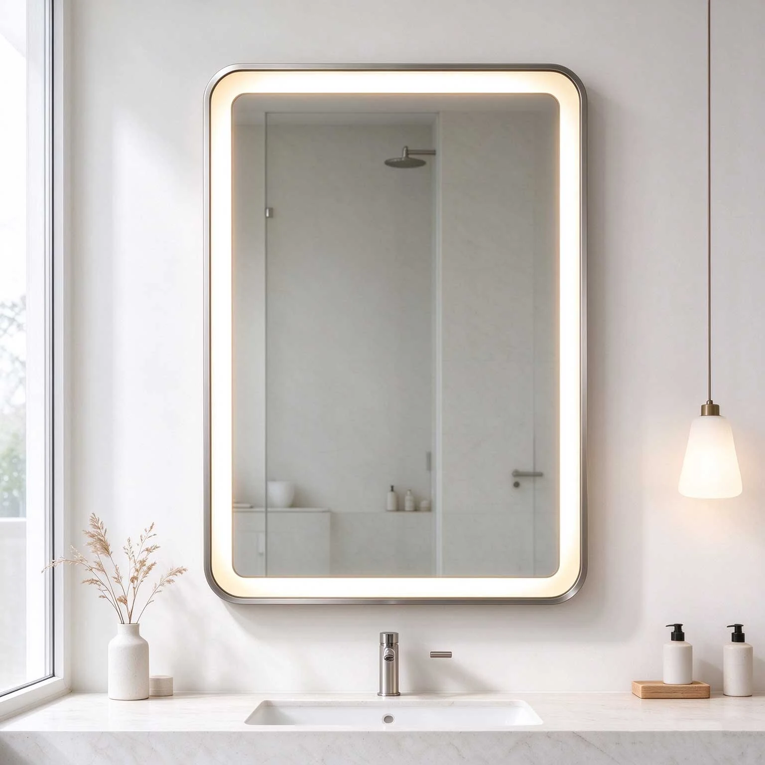 Siena Plus illuminated mirror installed above a bathroom basin beside a window