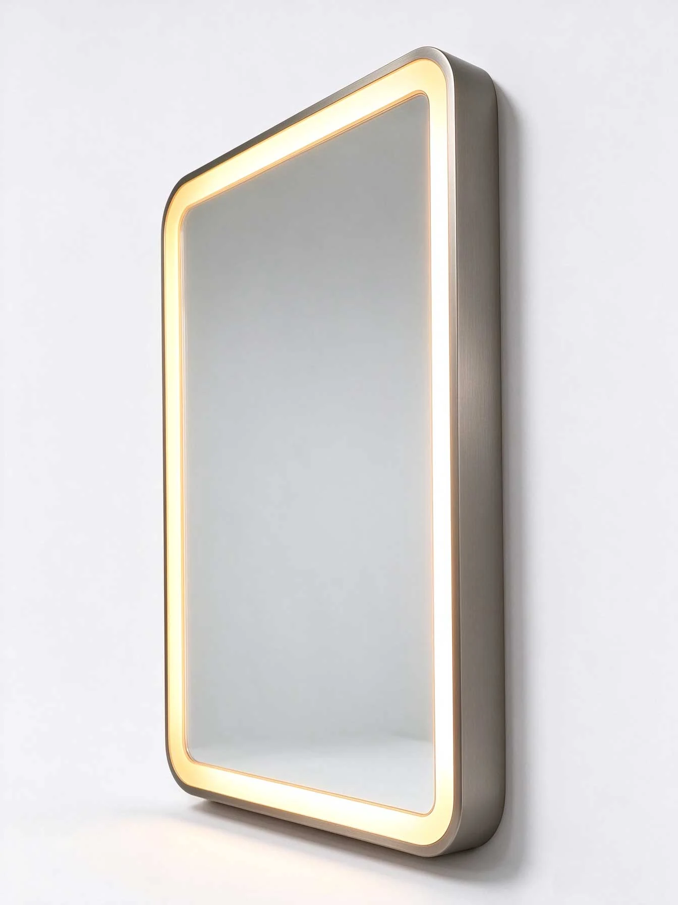 Siena Plus LED mirror viewed from the side showing the framed profile and illuminated border