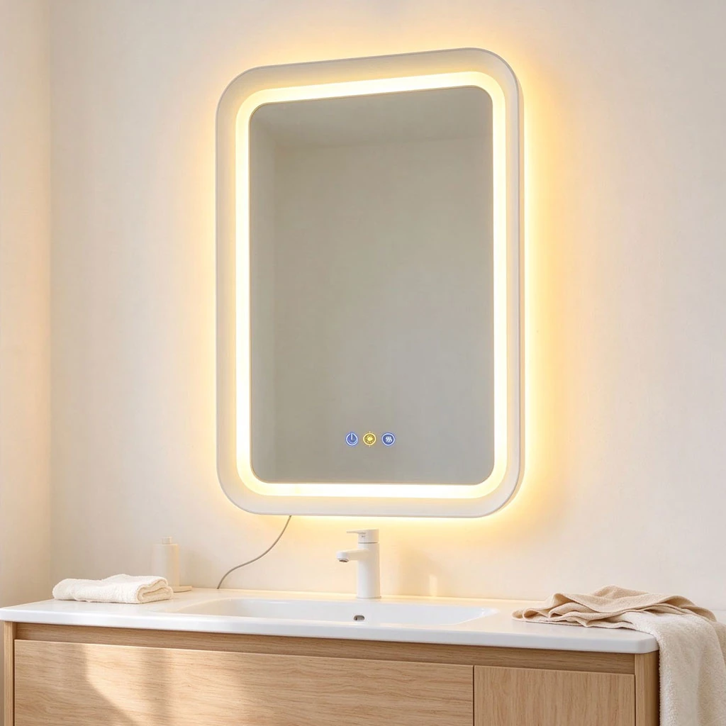 Siena Plus 63 x 83 cm aluminium framed LED mirror above a wood vanity with the illuminated frame in close view