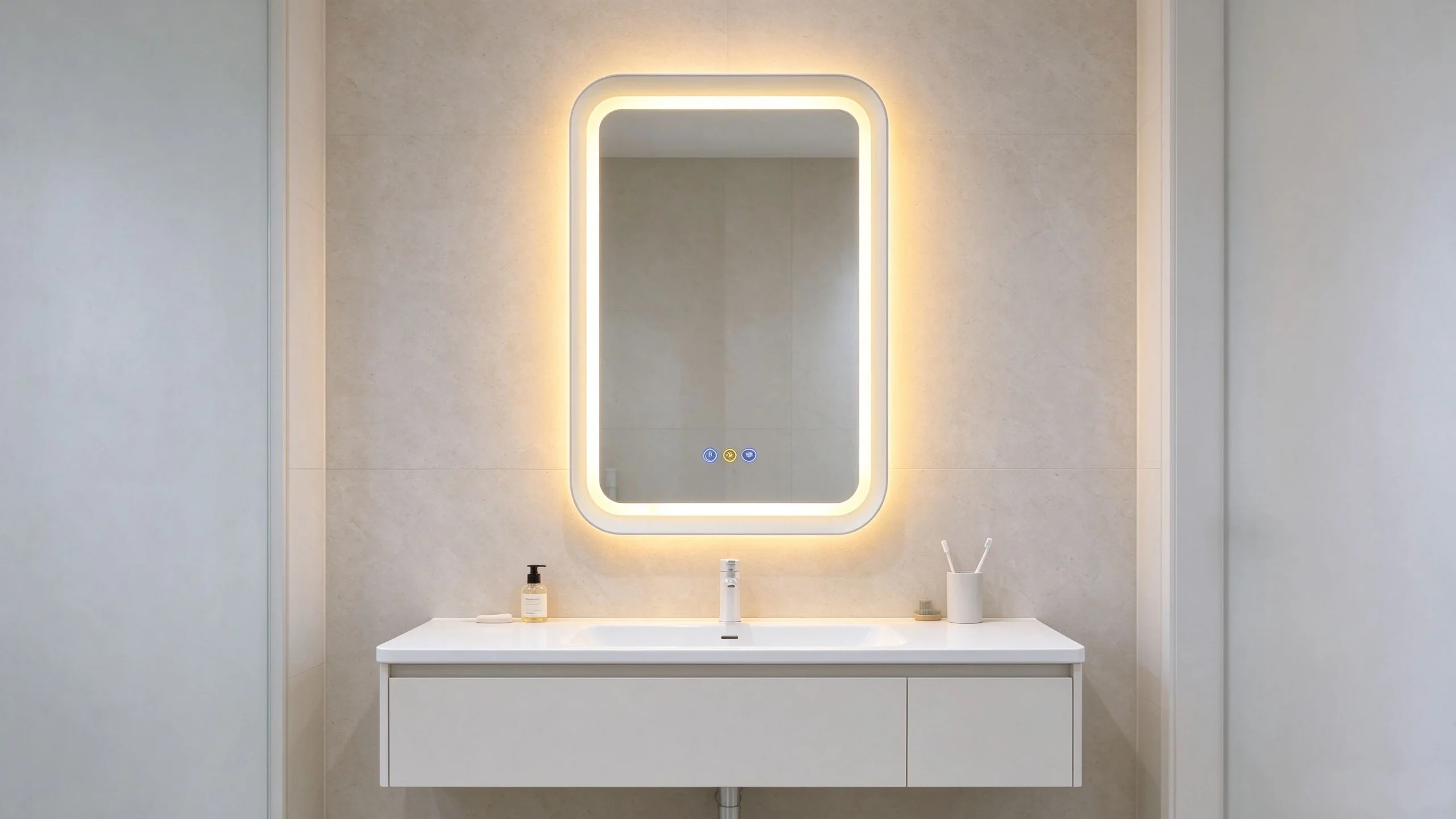 Siena Plus 63 x 83 cm aluminium framed LED mirror above a bathroom vanity with a white basin