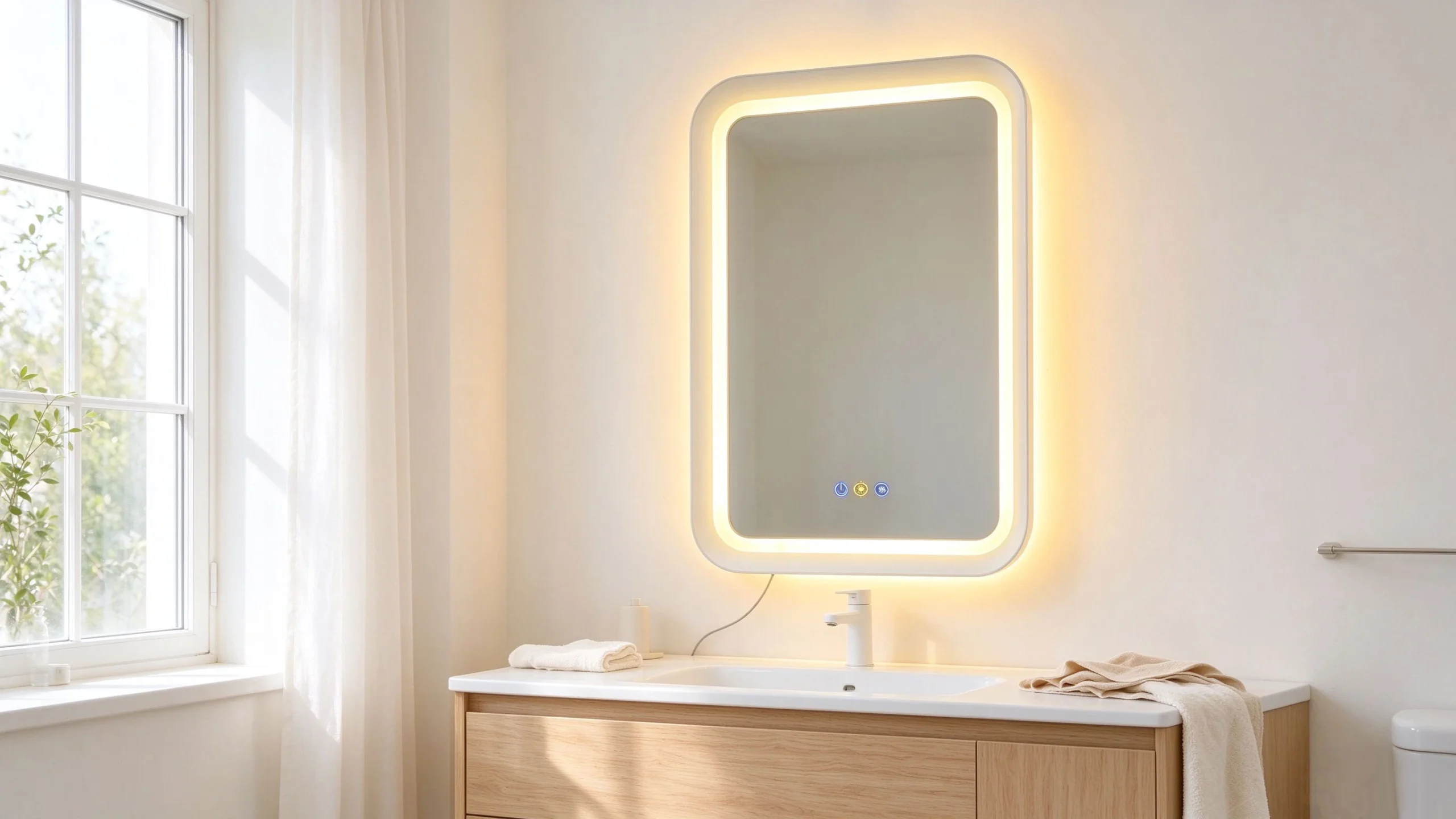 Siena Plus 63 x 83 cm aluminium framed LED mirror beside a bathroom window above a wood vanity