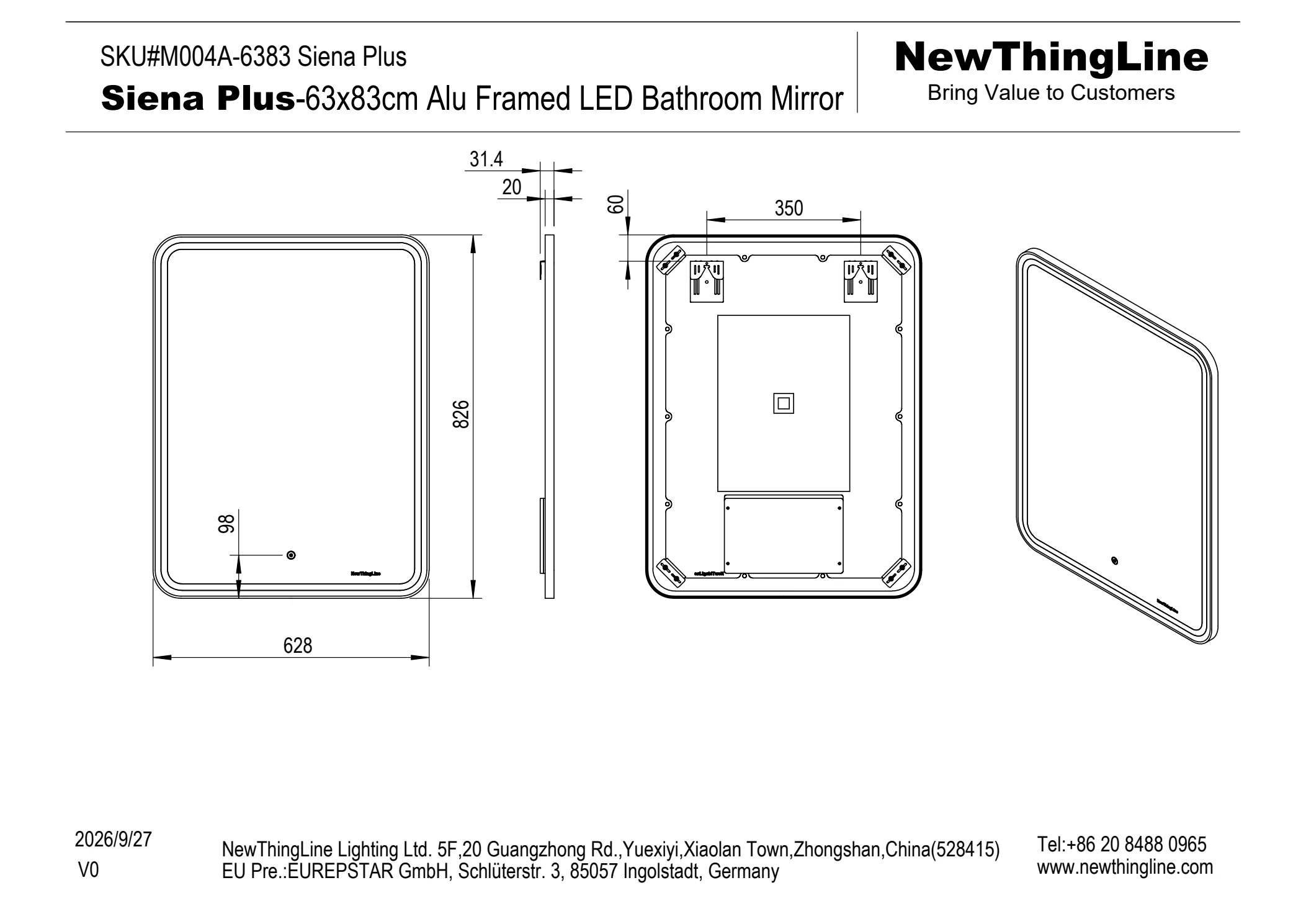 M004A-6383 dimension drawing showing 628 mm width and 826 mm height